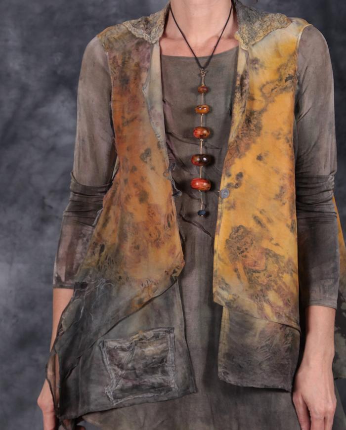 'a pocket of sunshine' sculptural loose-fitting layering silk top or vest, necklace and top