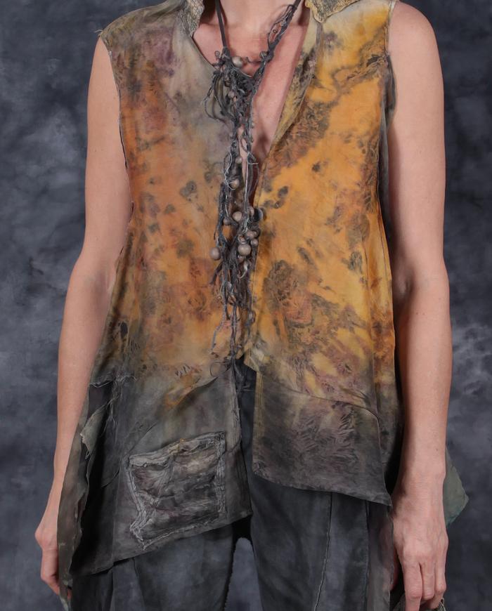 'a pocket of sunshine' sculptural loose-fitting layering silk top or vest, necklace and top