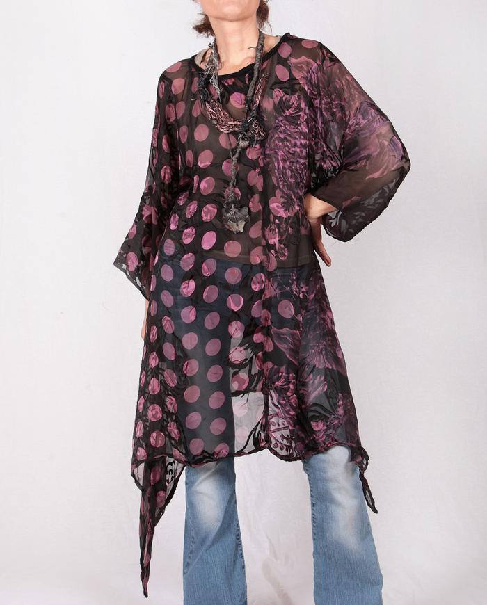 sheer wine over black silk tunic