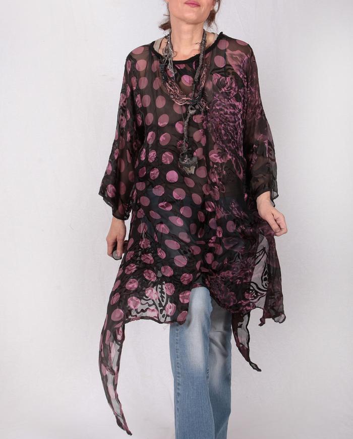 sheer wine over black silk tunic