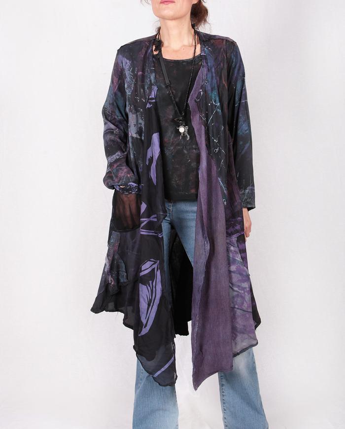 pieced mixed fabrics purple and black layering jacket