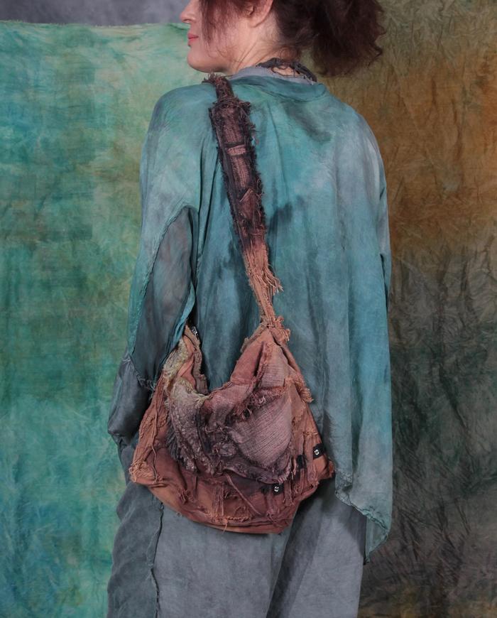 boho detailed canvas purse in distressed hand-painted earth tones