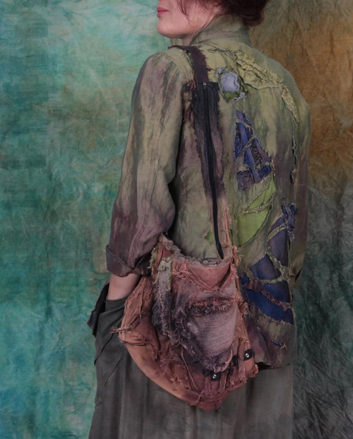 boho detailed canvas purse in distressed hand-painted earth tones