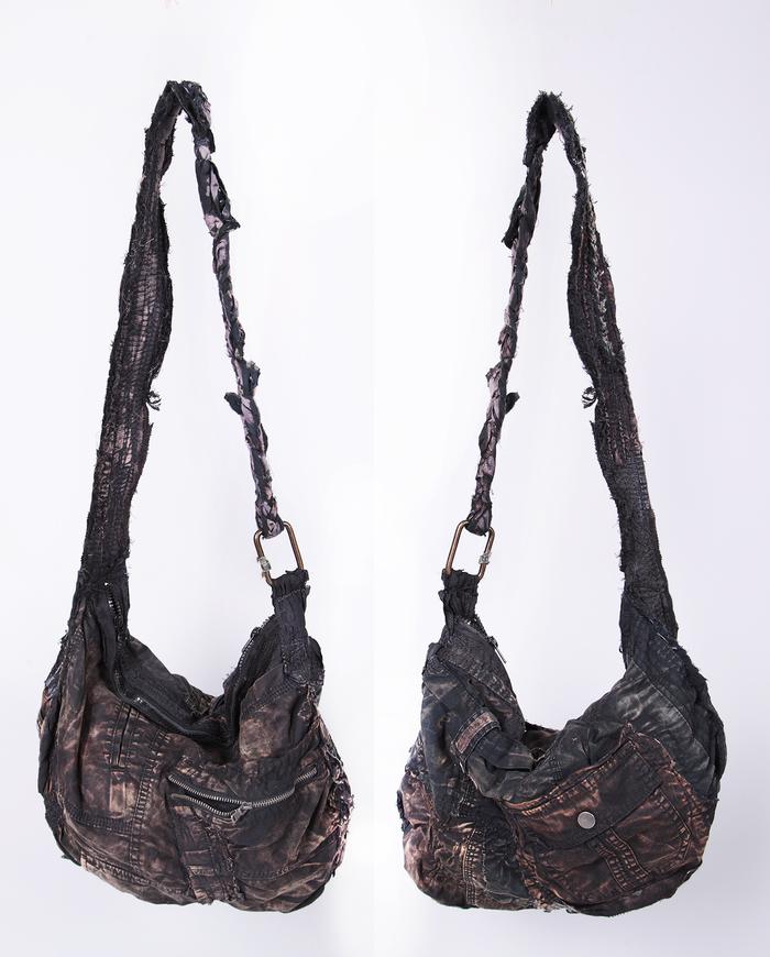 distressed hand textured black shoulder bag with pockets