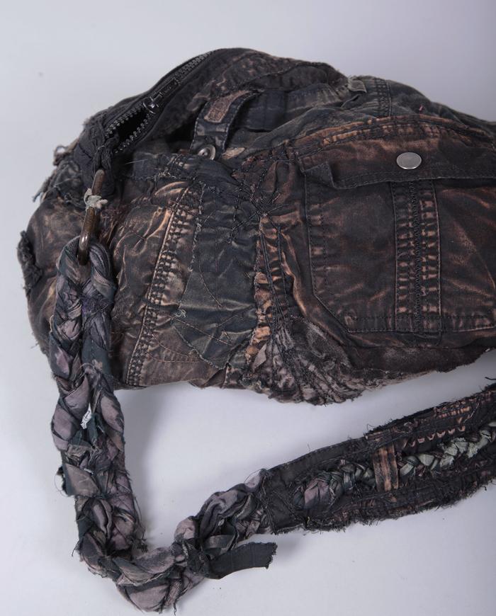 distressed hand textured black shoulder bag with pockets