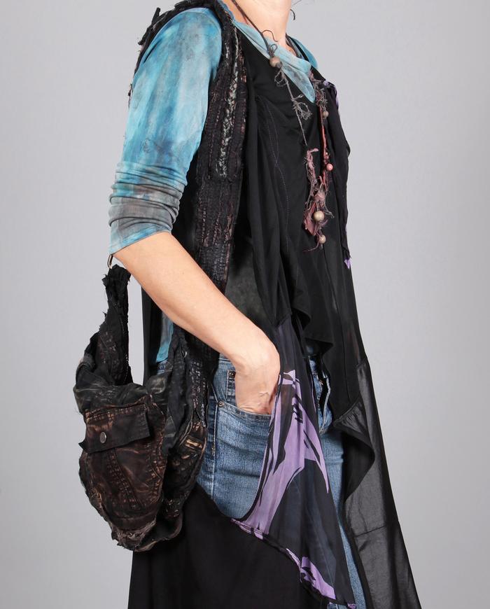 distressed hand textured black shoulder bag with pockets