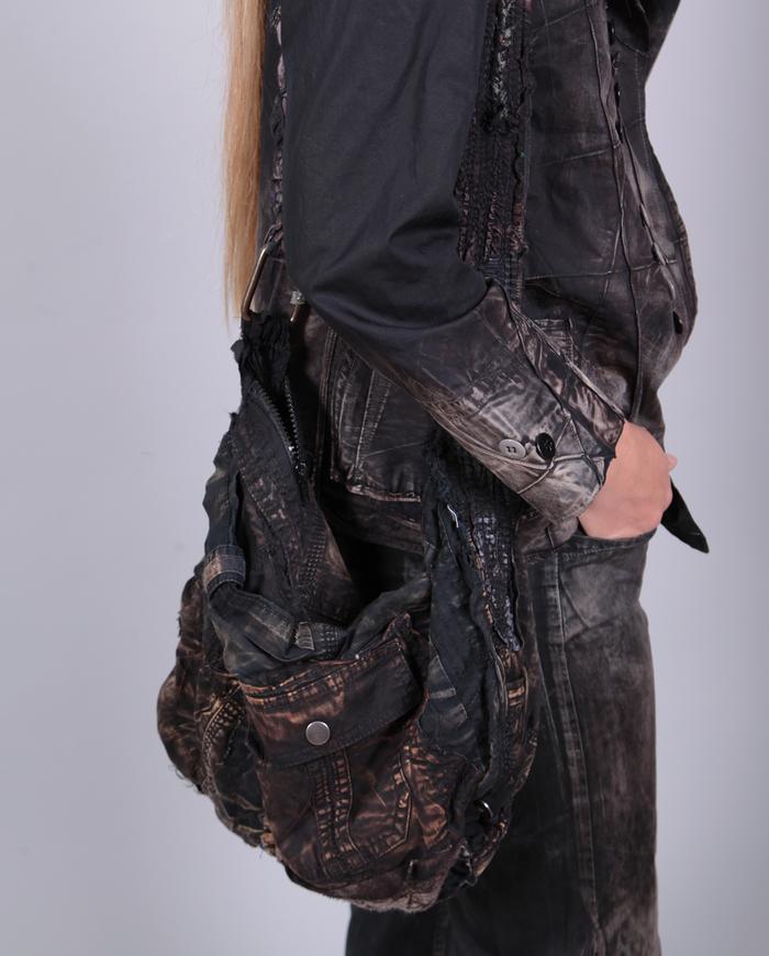 distressed hand textured black shoulder bag with pockets