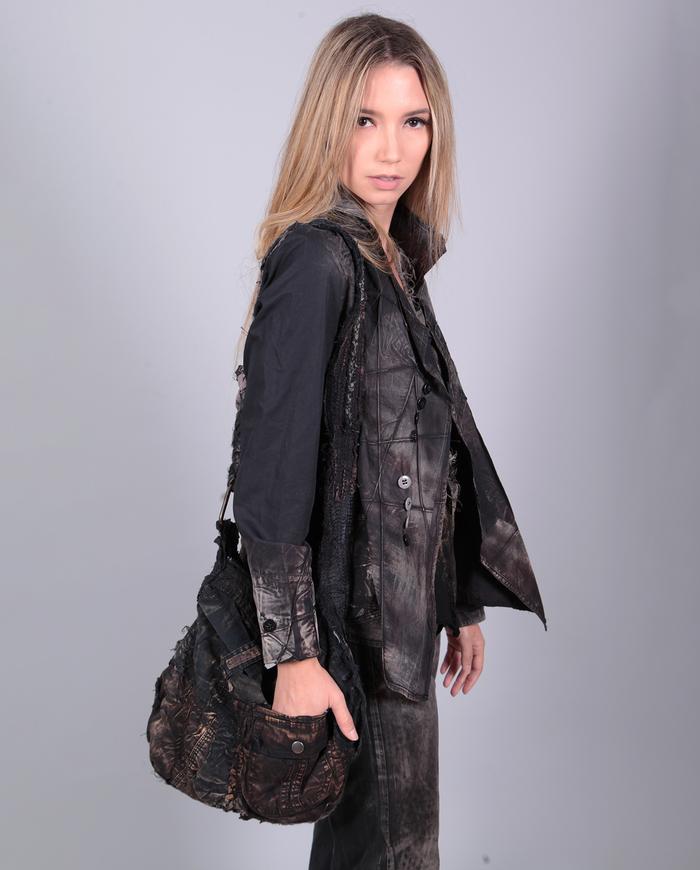 distressed hand textured black shoulder bag with pockets