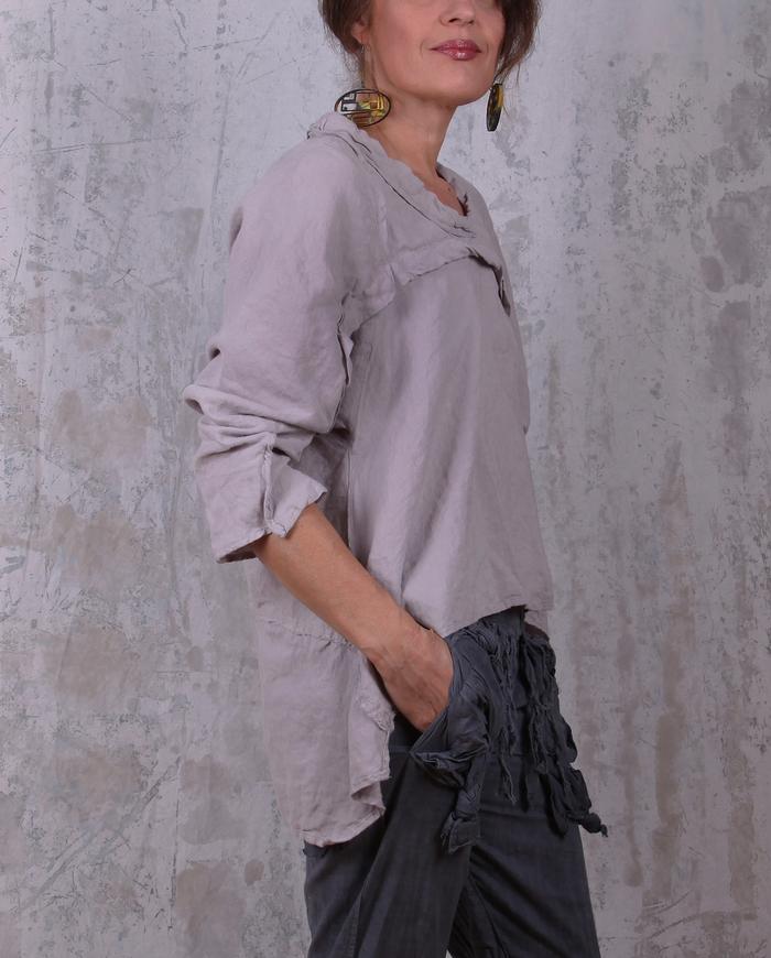 relaxed asymmetrical linen top in mauve gray