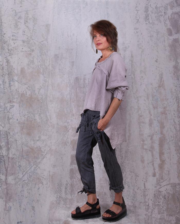 relaxed asymmetrical linen top in mauve gray