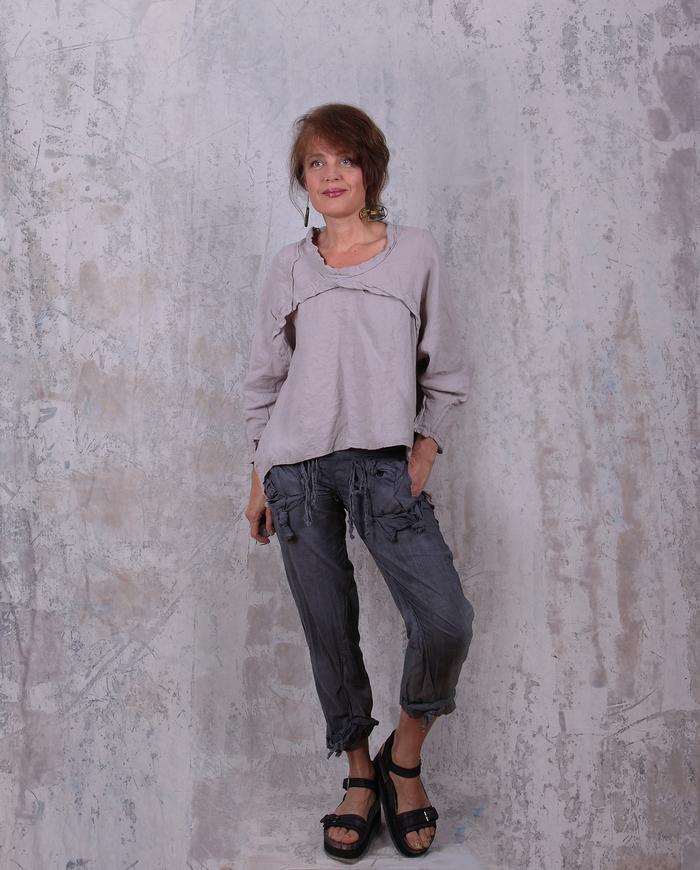 relaxed asymmetrical linen top in mauve gray