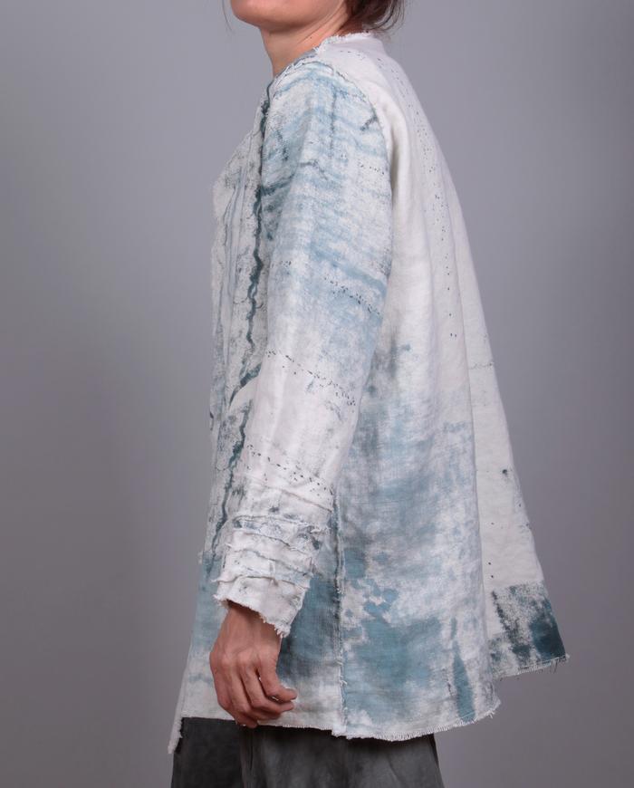 well-draped Belgian canvas indigo on white jacket