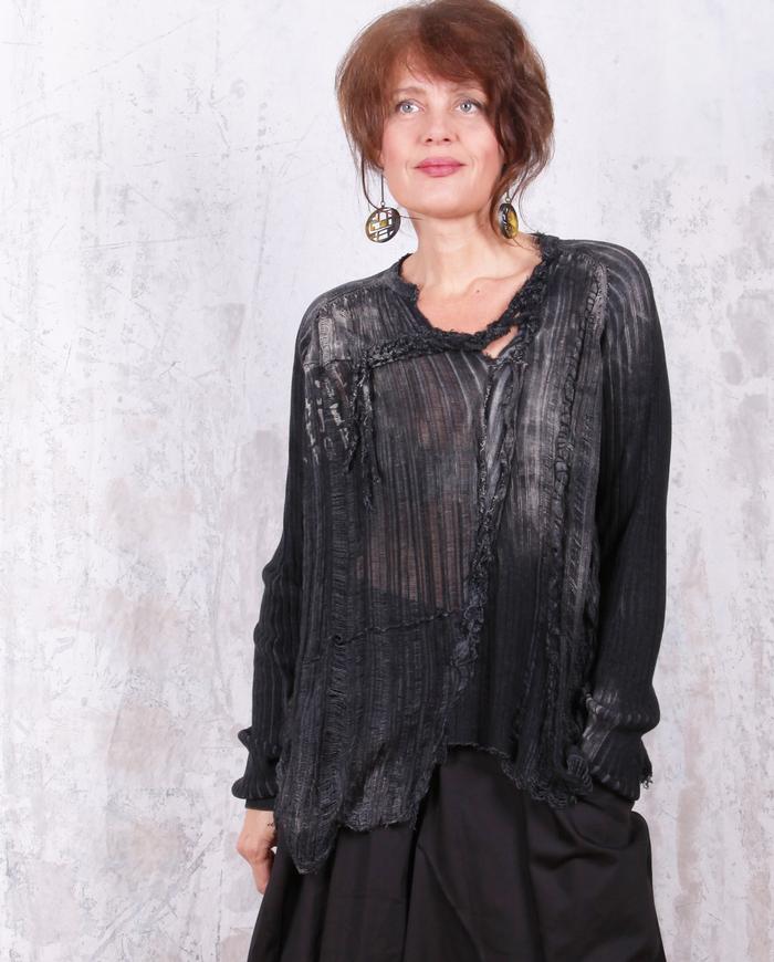 oversized open-weave knit hand-printed black/gray top