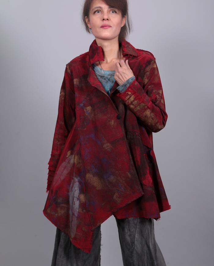 'mixed emotions' deep red asymmetrical swing jacket