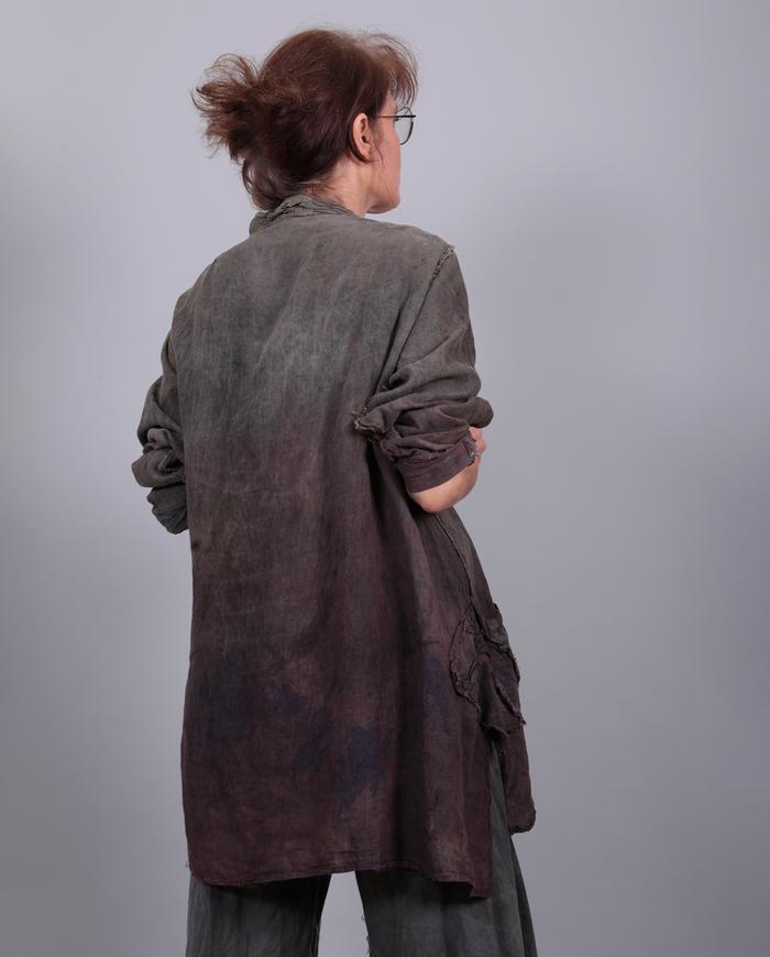 loose-fitting olive-to-purple distressed Belgian linen tunic