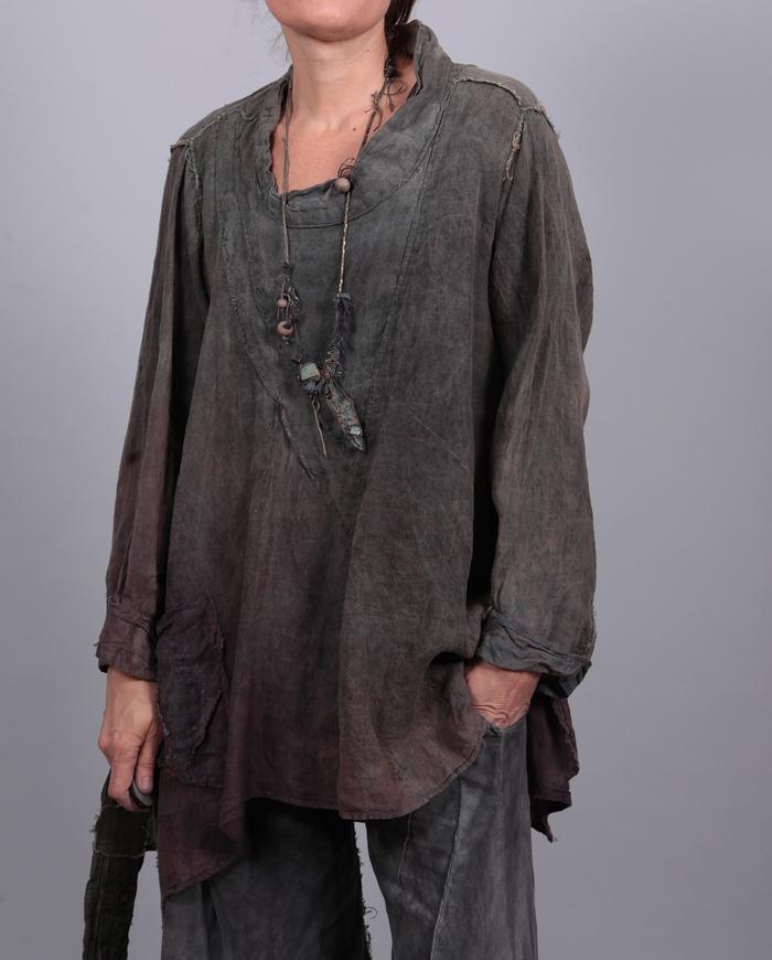 loose-fitting olive-to-purple distressed Belgian linen tunic