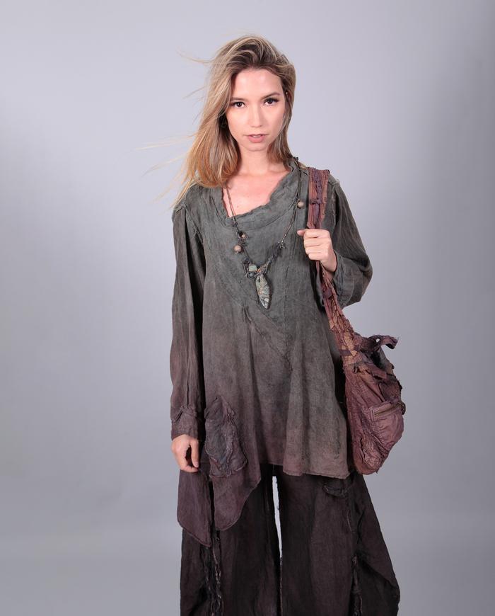 loose-fitting olive-to-purple distressed Belgian linen tunic