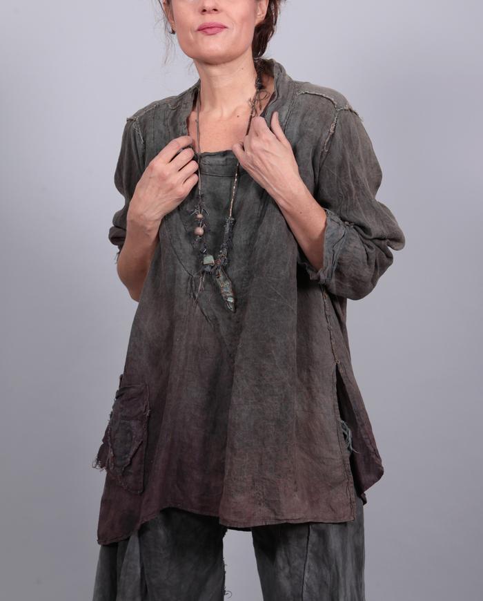 loose-fitting olive-to-purple distressed Belgian linen tunic