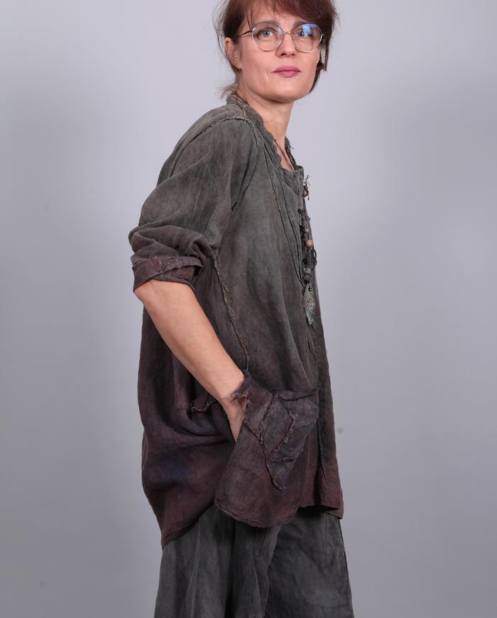 loose-fitting olive-to-purple distressed Belgian linen tunic