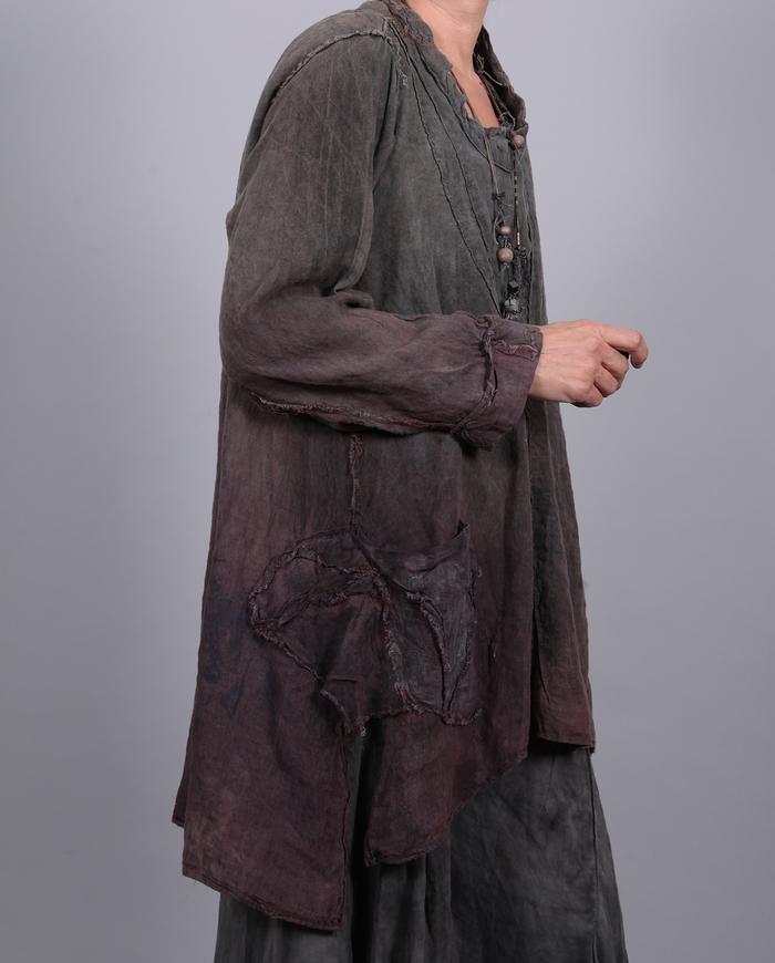 loose-fitting olive-to-purple distressed Belgian linen tunic