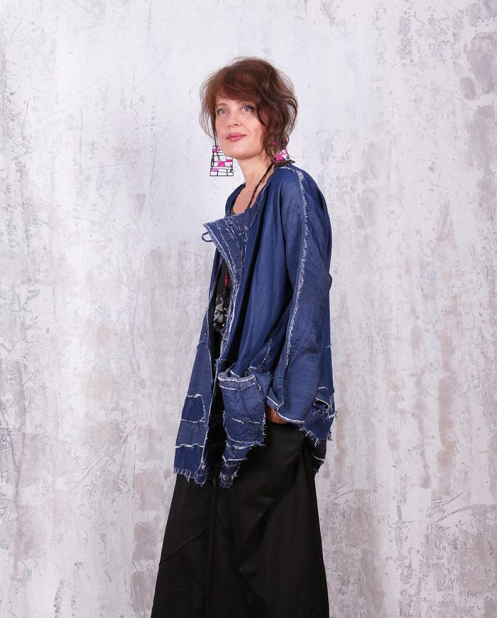 oversized fluid indigo denim distressed texture jacket