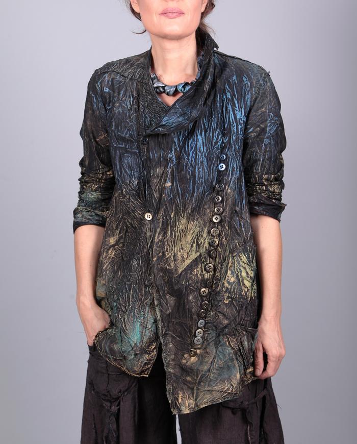 'mega texture' super detailed metallic shades asymmetrical 2-way jacket