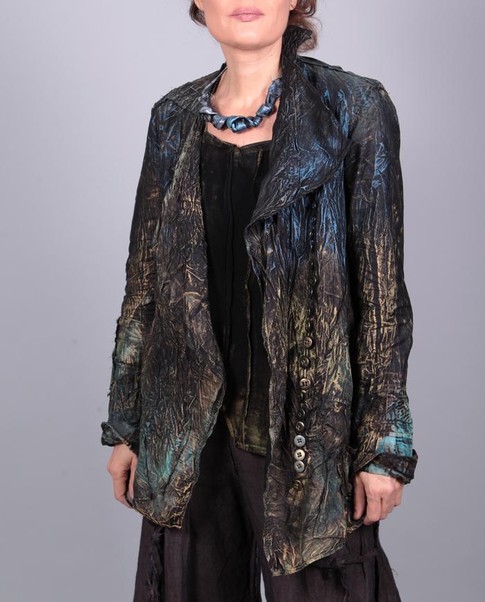 'mega texture' super detailed metallic shades asymmetrical 2-way jacket