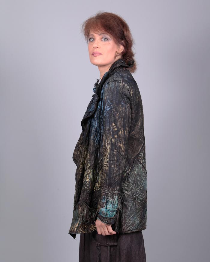 'mega texture' super detailed metallic shades asymmetrical 2-way jacket