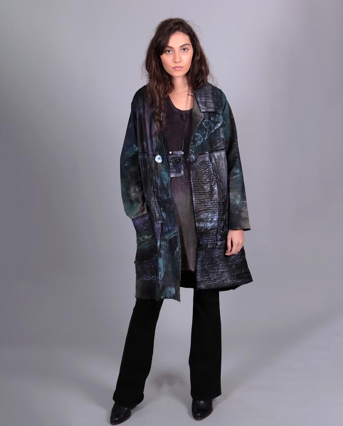 'free as a bird' feathers print mixed fabrics artful coat