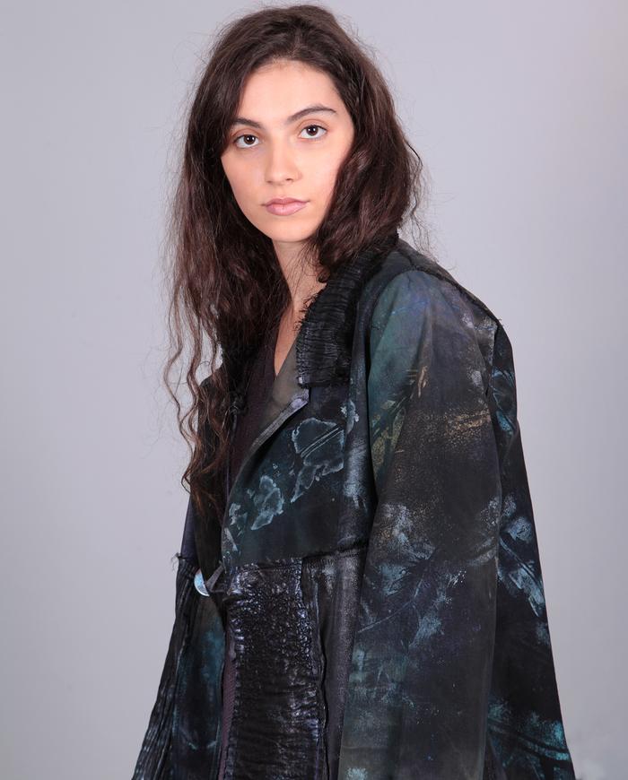 'free as a bird' feathers print mixed fabrics artful coat