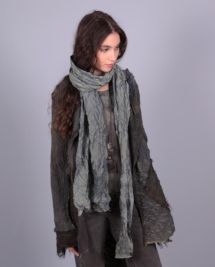 'palpable surface' gray green highly textured silk and leather jacket