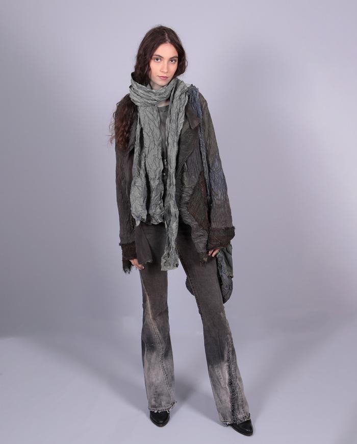 'palpable surface' gray green highly textured silk and leather jacket