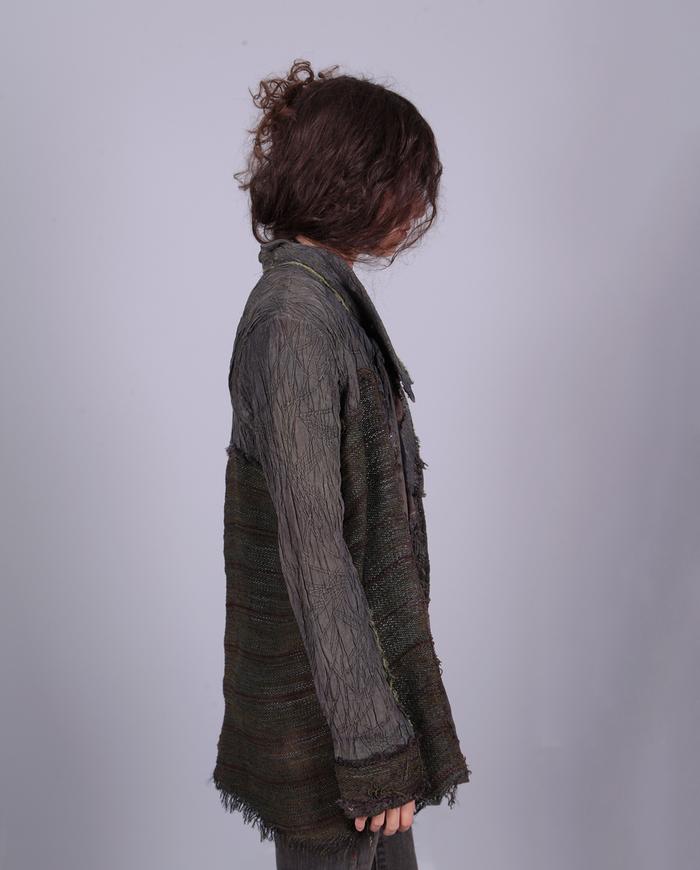 'palpable surface' gray green highly textured silk and leather jacket