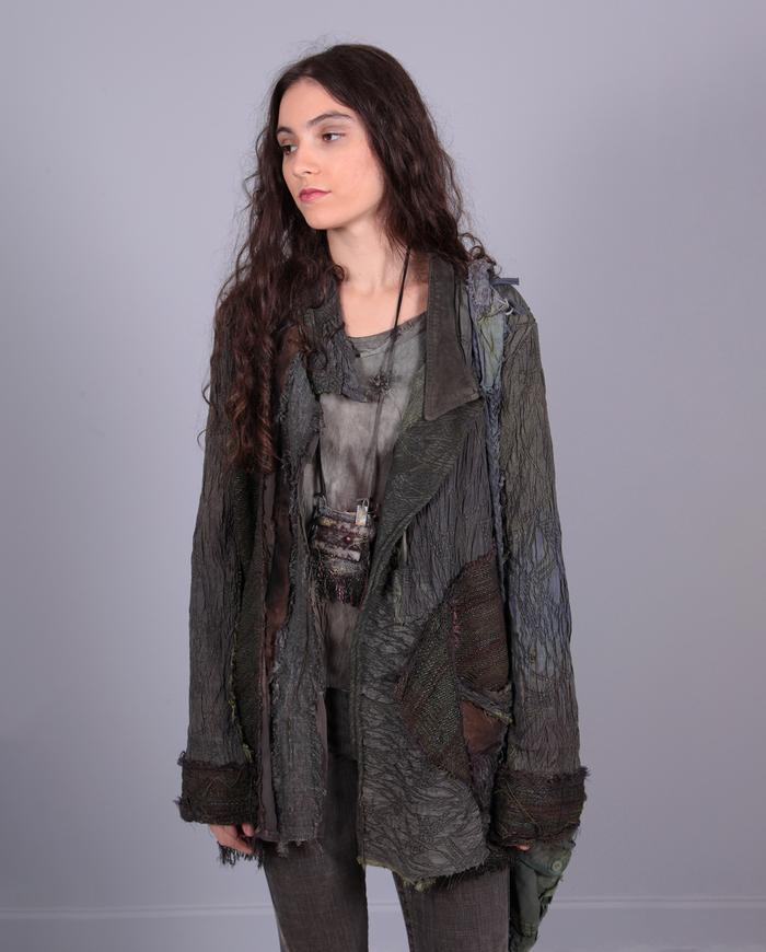 'palpable surface' gray green highly textured silk and leather jacket