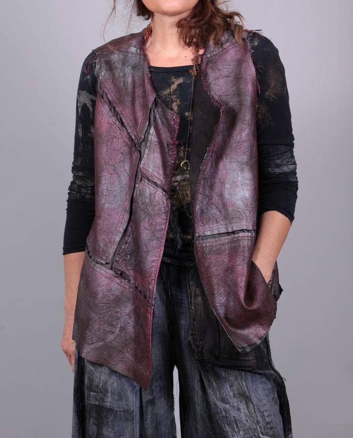 'cranberry wine' reversible metallic silk and leather short vest