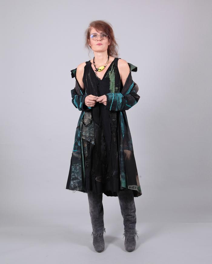 'teal on black study' hand-painted distressed kaftan