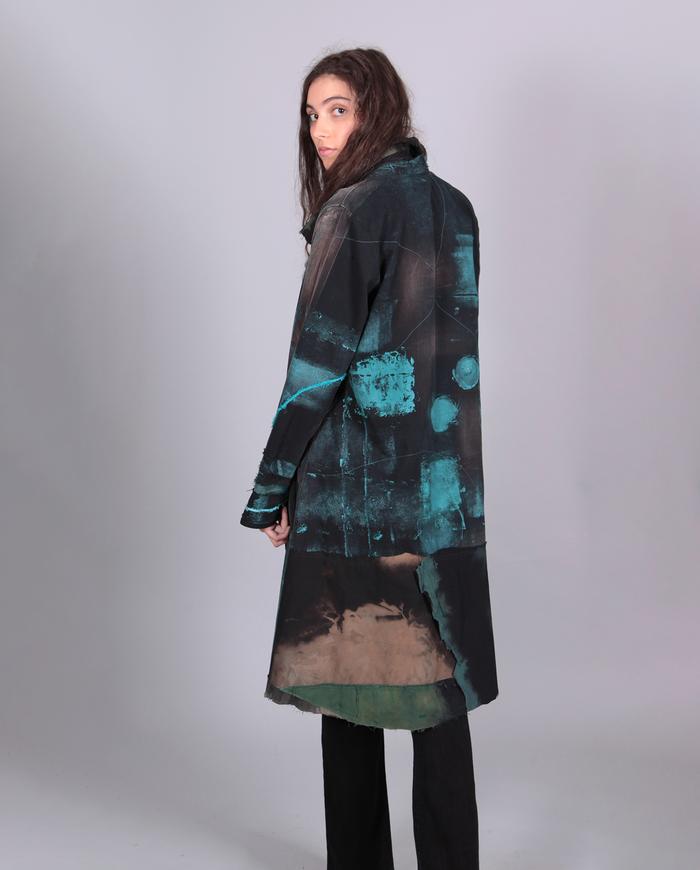 'teal on black study' hand-painted distressed kaftan