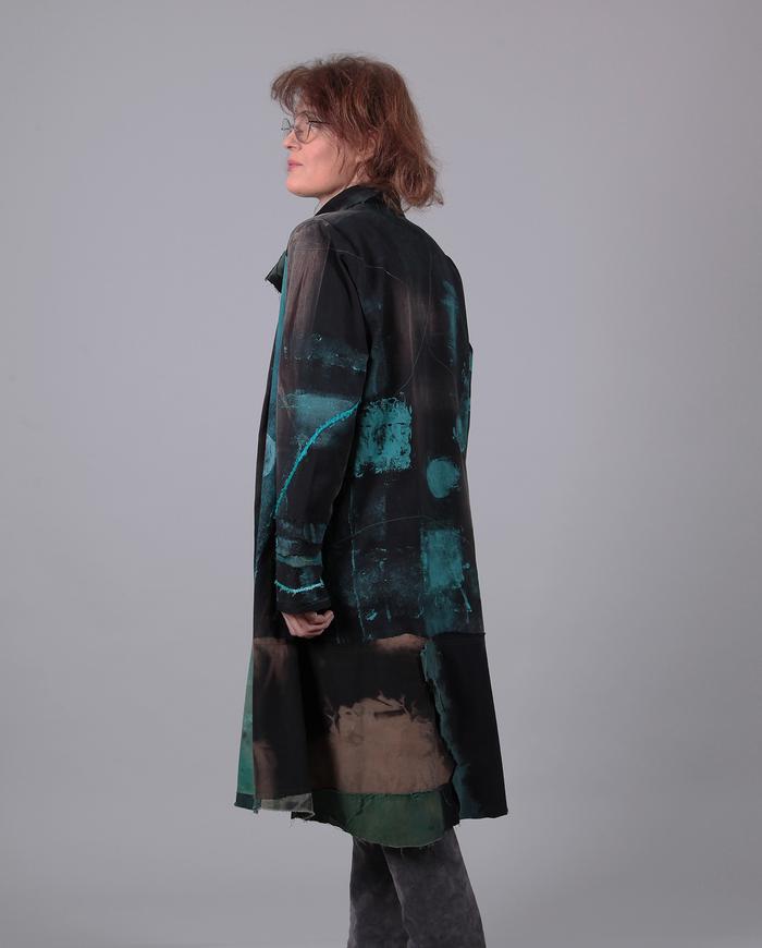 'teal on black study' hand-painted distressed kaftan