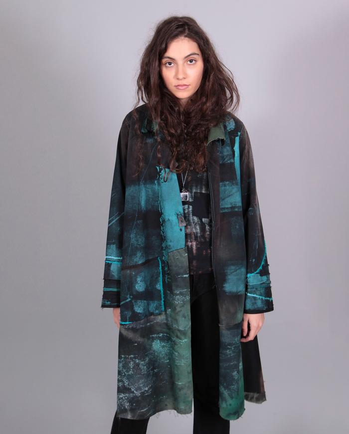 'teal on black study' hand-painted distressed kaftan