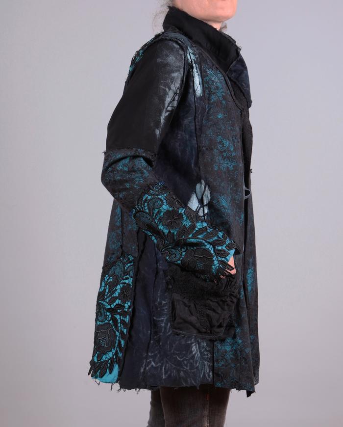 'feathers and lace' detailed black and turquoise textured jacket