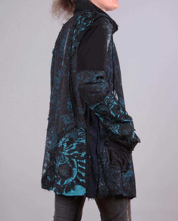 'feathers and lace' detailed black and turquoise textured jacket