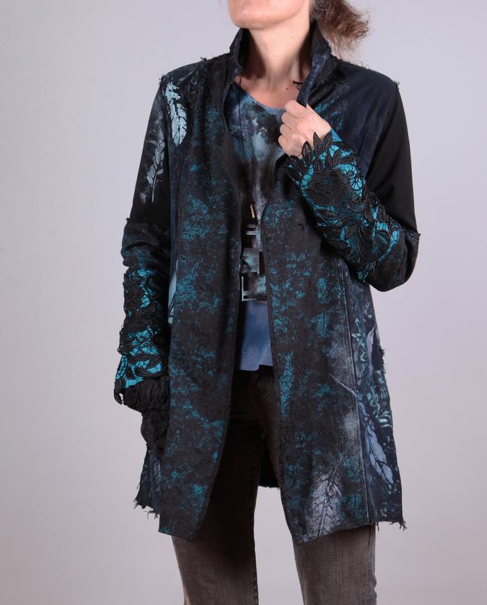 'feathers and lace' detailed black and turquoise textured jacket