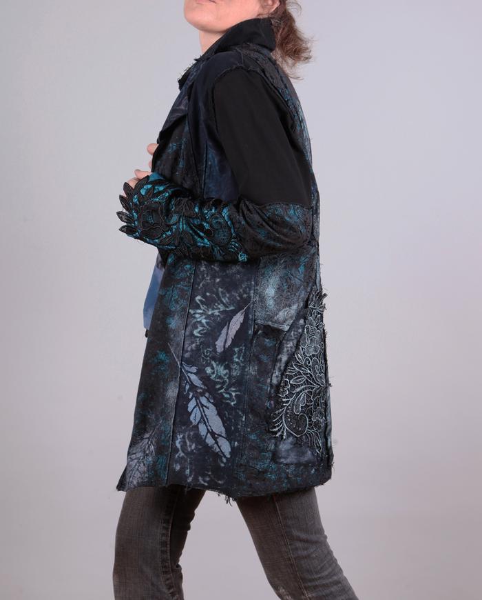 'feathers and lace' detailed black and turquoise textured jacket