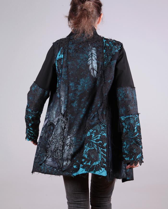 'feathers and lace' detailed black and turquoise textured jacket