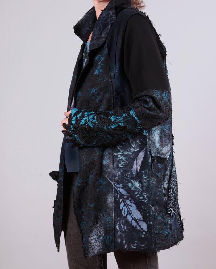 'feathers and lace' detailed black and turquoise textured jacket