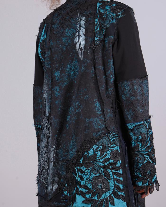 'feathers and lace' detailed black and turquoise textured jacket