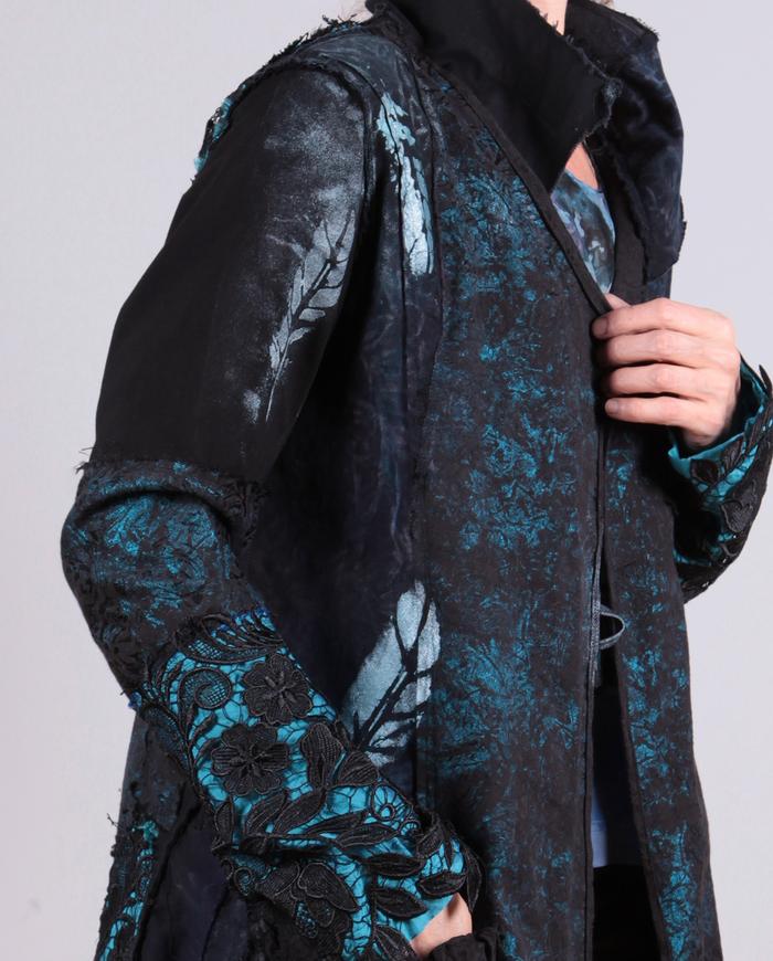 'feathers and lace' detailed black and turquoise textured jacket