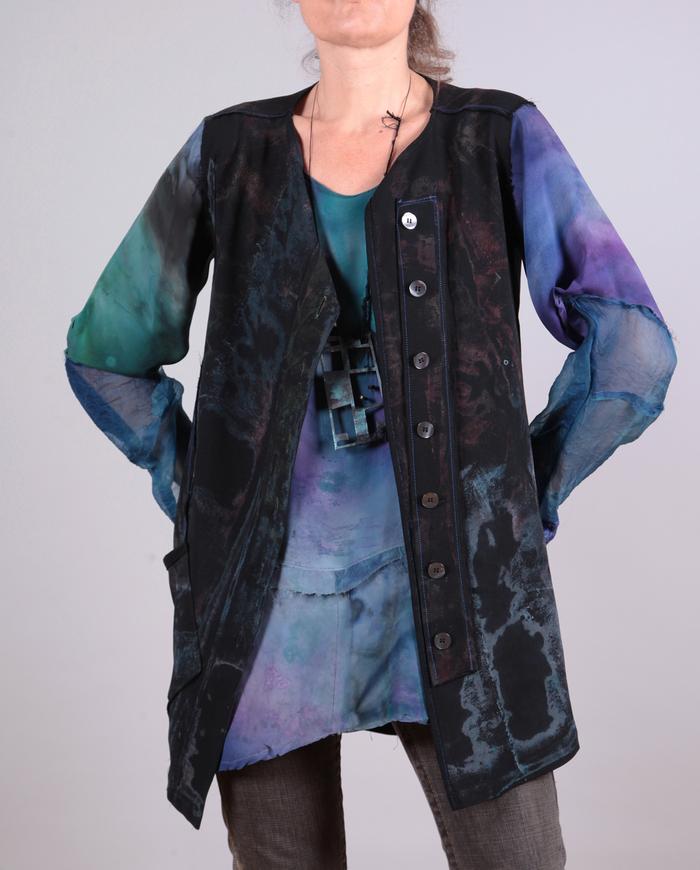 asymmetrical closure hand-painted long black vest