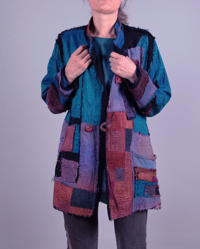 'in love with color' highly detailed mixed fabrics quilted jacket/coat