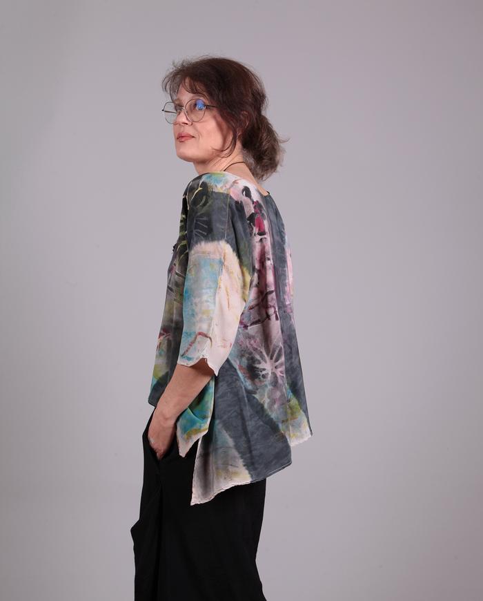 'a walk through the park' asymmetrical hand-painted silk blouse